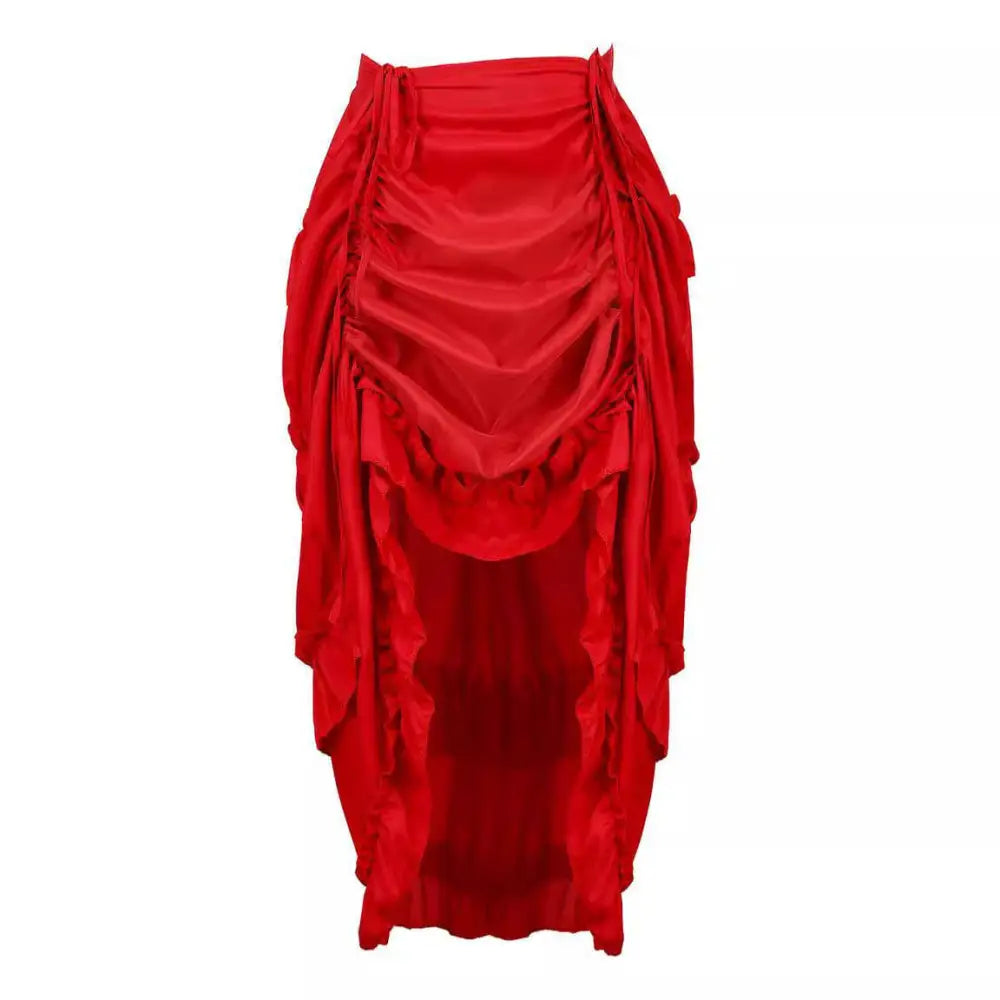 A vibrant red satin skirt with draped ruched design contrasting the black satin high waisted court irregular skirt