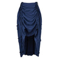 Deep navy blue ruched court irregular skirt with layered flowing fabric side ties in black satin high waist style