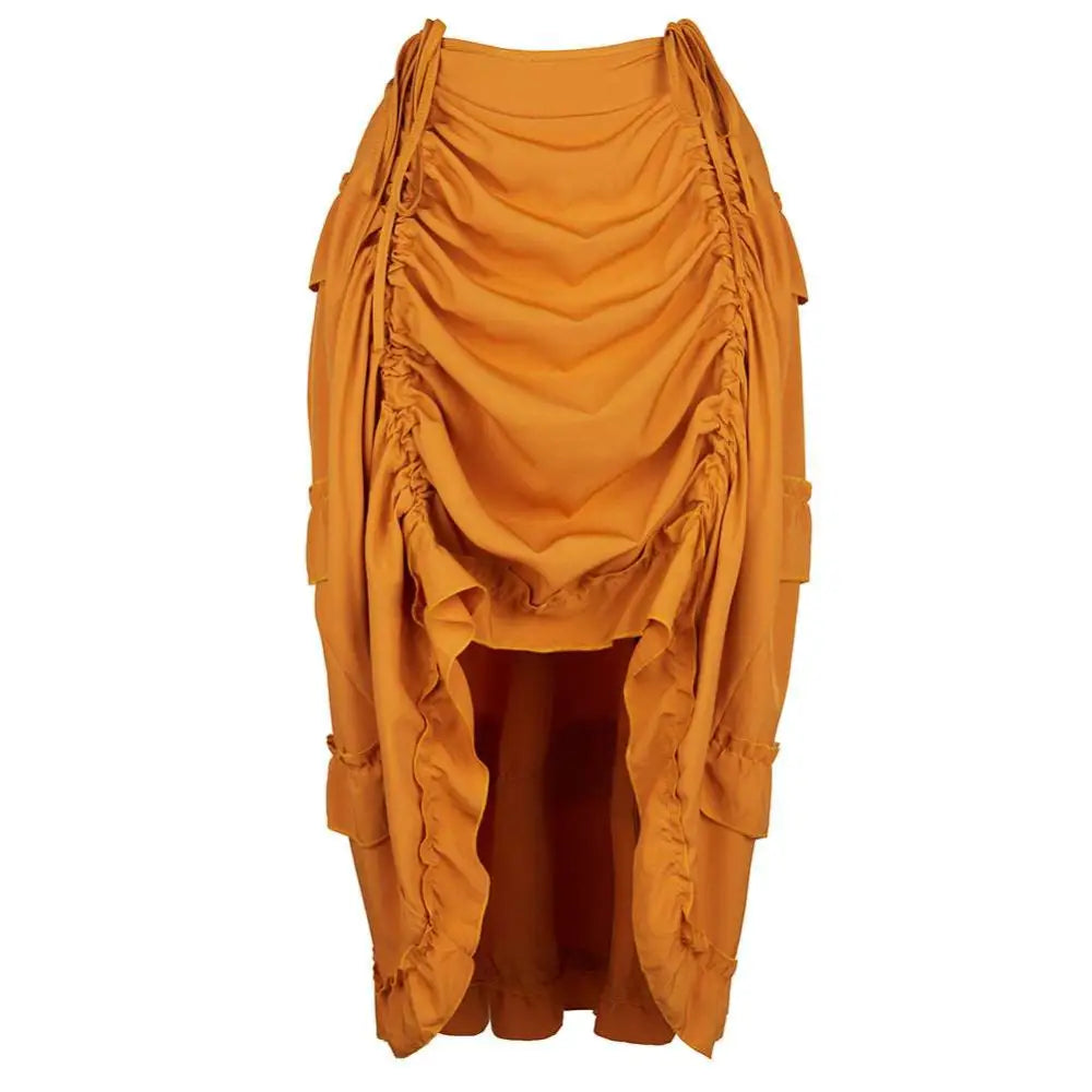 A structured mustard-yellow skirt with ruched detailing and side pockets contrasting black satin high court irregular skirt