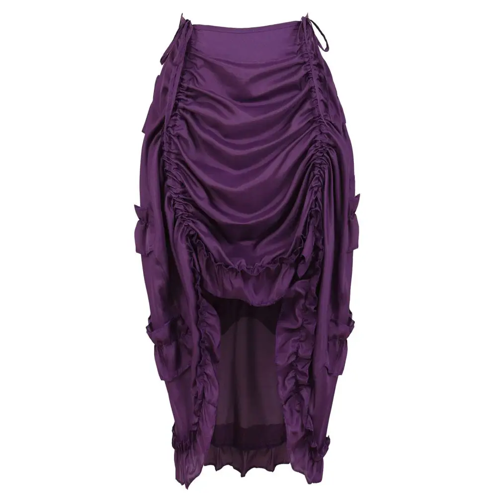 Black satin high waisted court irregular skirt featuring a deep purple satin ruched layered flowing design