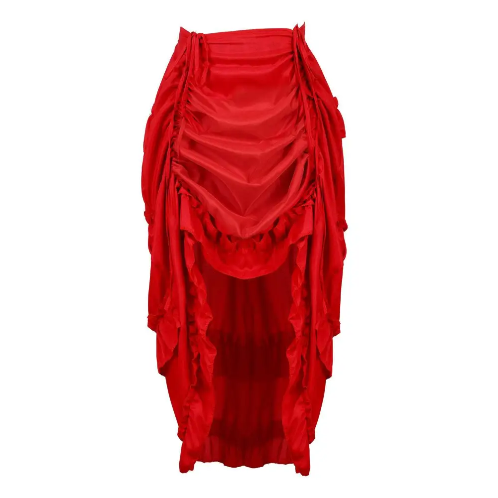 A vibrant red satin high waisted skirt with cascading ruched layers and court irregular skirt design