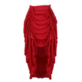 A vibrant red satin court irregular skirt with cascading ruched layers and a high-low hemline design