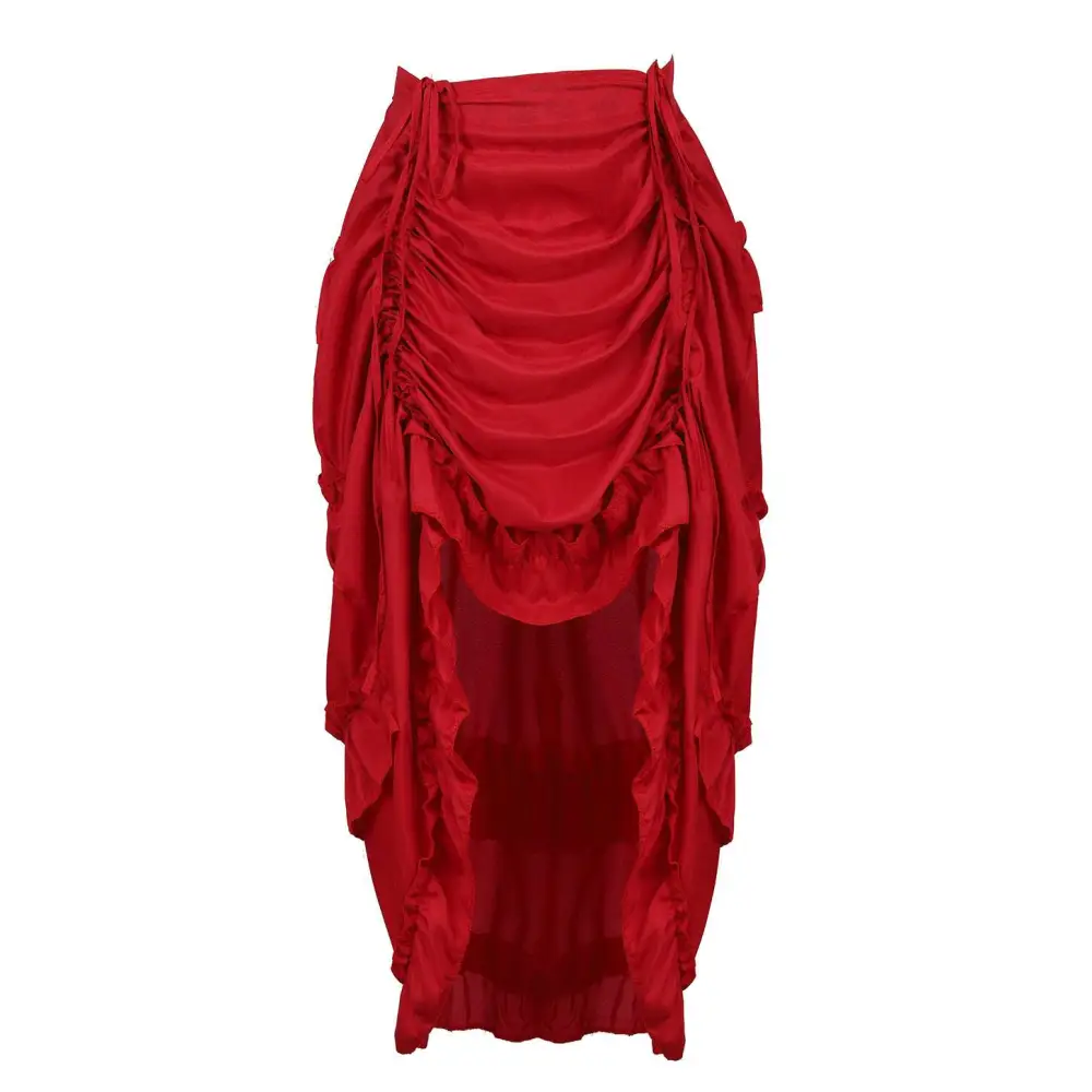 A vibrant red satin court irregular skirt with cascading ruched layers and a high-low hemline design