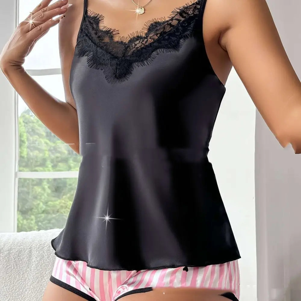 Black satin lace women’s suspender shorts set featuring a camisole with delicate lace trim at the neckline for casual summer suit