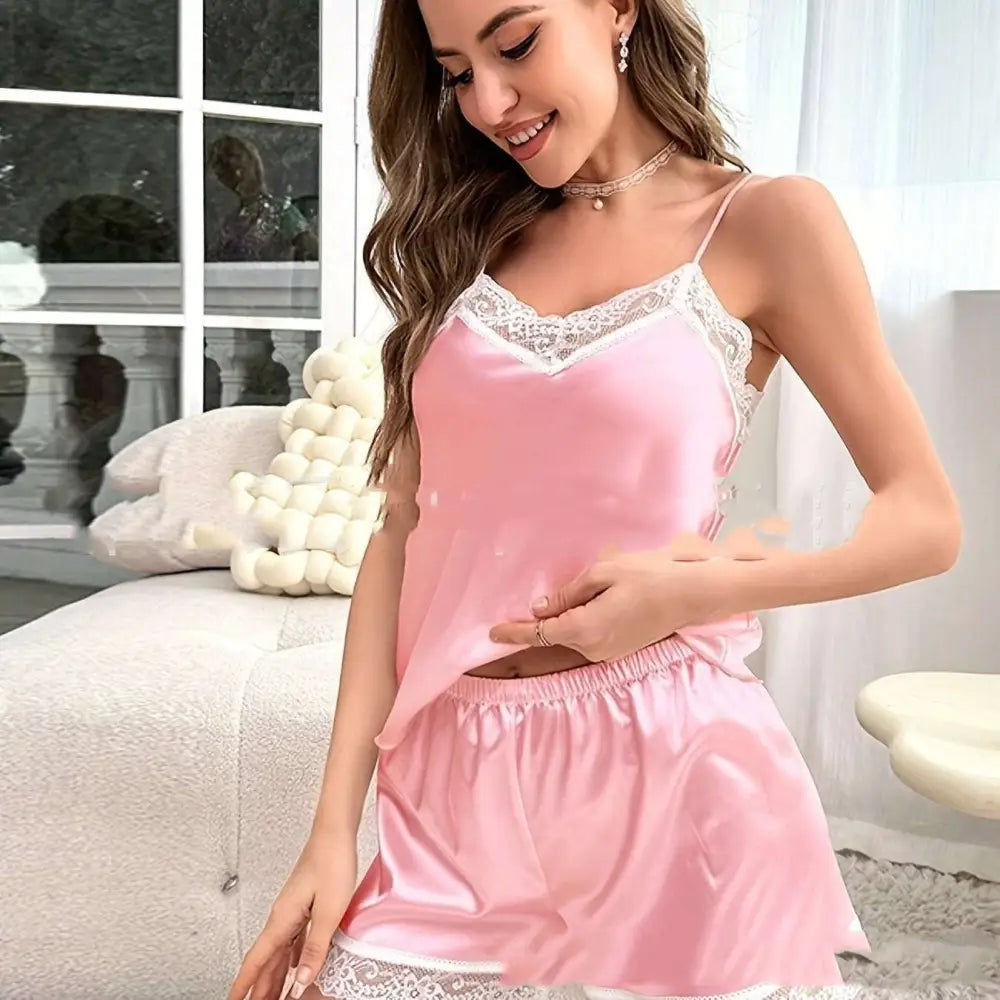 Pink satin pajama set with white lace trim for women’s suspender shorts casual summer suit style