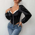 Black satin mesh patchwork lace chest top with white lace trim corset style and puff sleeves