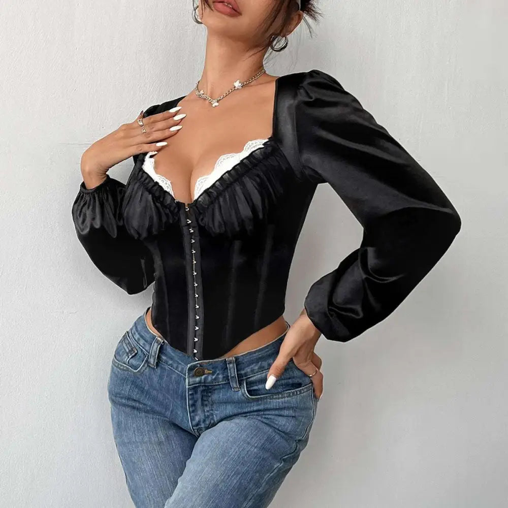 Black satin mesh patchwork lace chest top with white lace trim corset style and puff sleeves