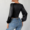 Black satin mesh patchwork lace chest long-sleeved crop top with puffed sleeves and white lace trim detail