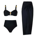 Black satin retro bikini set with tummy control featuring gold-toned metal buckles and a central oval clasp on the top