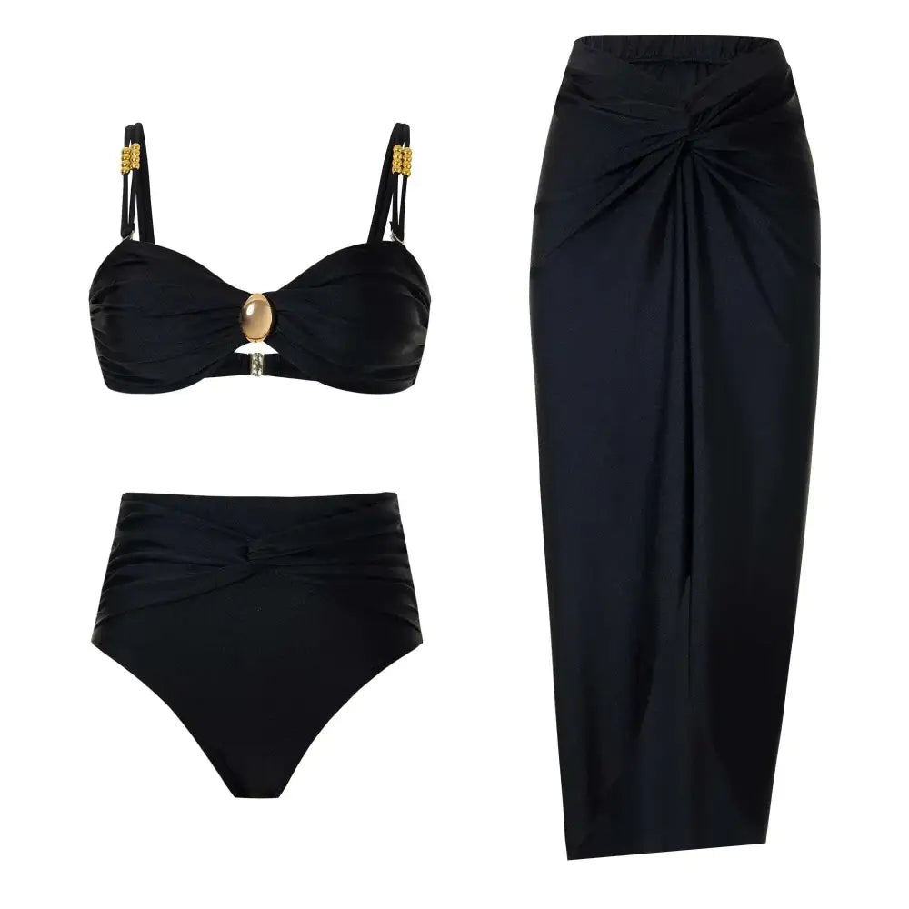 Black satin retro bikini set with tummy control featuring gold-toned metal buckles and a central oval clasp on the top