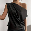 Black satin solid color asymmetrical collar top with a draped flowing design and one-shoulder style