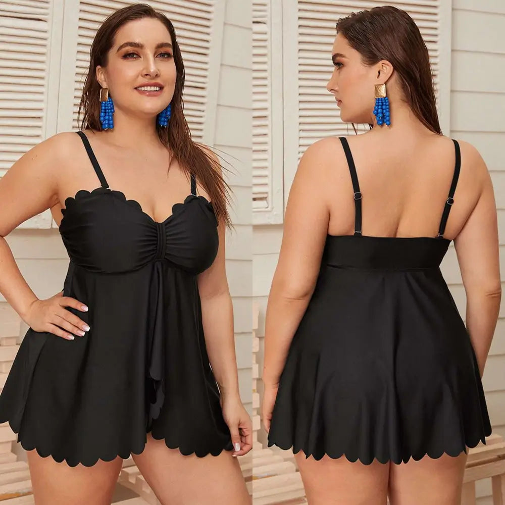 Black scalloped plus size bottoms two piece set featuring a ruched bodice one-piece swimsuit with thin straps