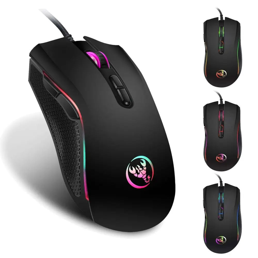 Black scorpion rgb luminous gaming mouse with textured grip and scorpion logo for precision gameplay