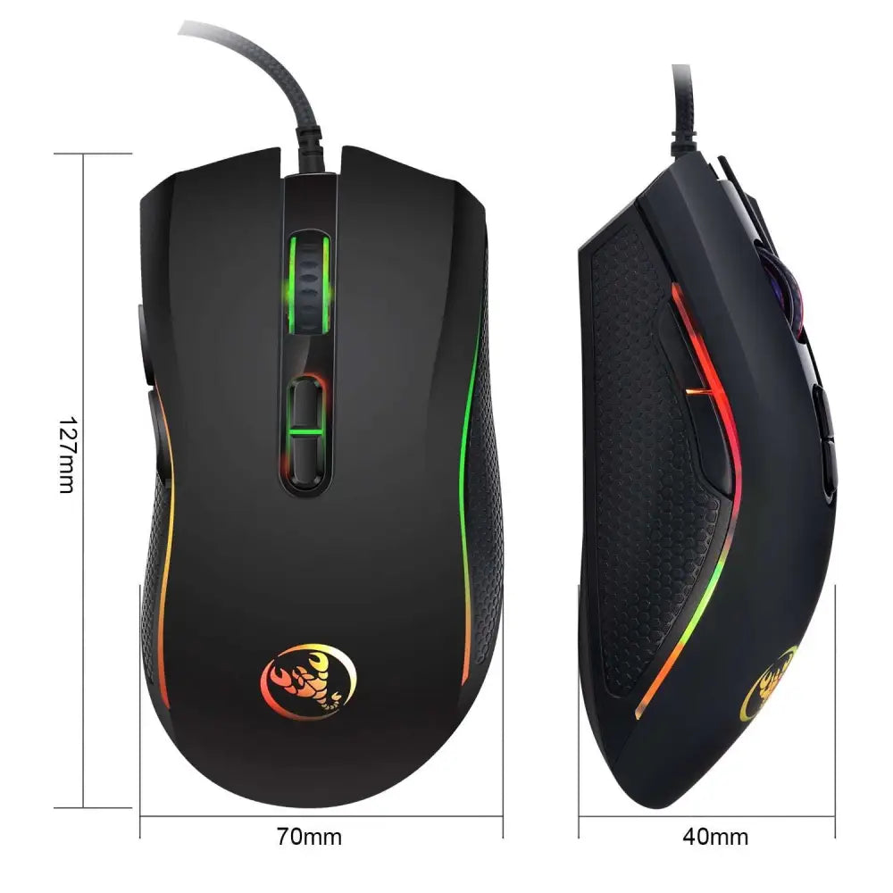 Black scorpion rgb luminous gaming mouse with textured grip and scorpion logo in black color for precise control