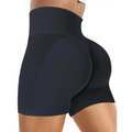 Black high-waisted scrunch butt shorts with a smooth scrunch seam designed for butt workout shorts women