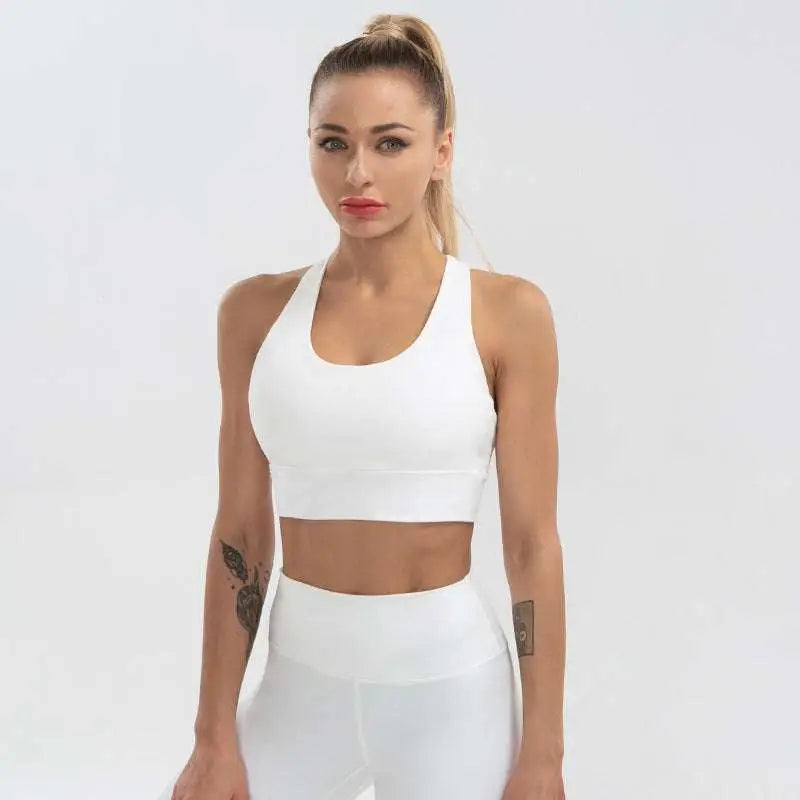 Black seamless women’s shockproof running sports bra with racerback design and seamless construction for running