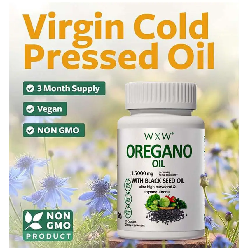 White plastic bottle of wxx black seed oil capsules with green label highlighting 15000 mg strength per serving