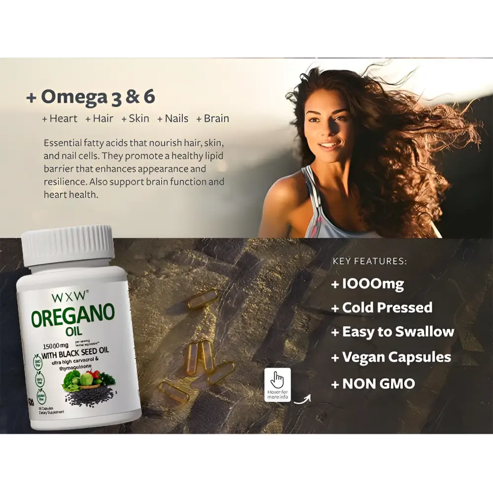 White plastic bottle of wxx black seed oil with black seed oil capsules for natural wellness supplement use