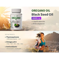 White plastic bottle of wxx black seed oil capsules with 1500mg oregano and vitamin e per capsule label