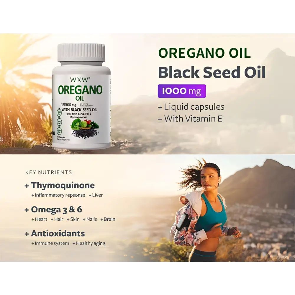 White plastic bottle of wxx black seed oil capsules with 1500mg oregano and vitamin e per capsule label