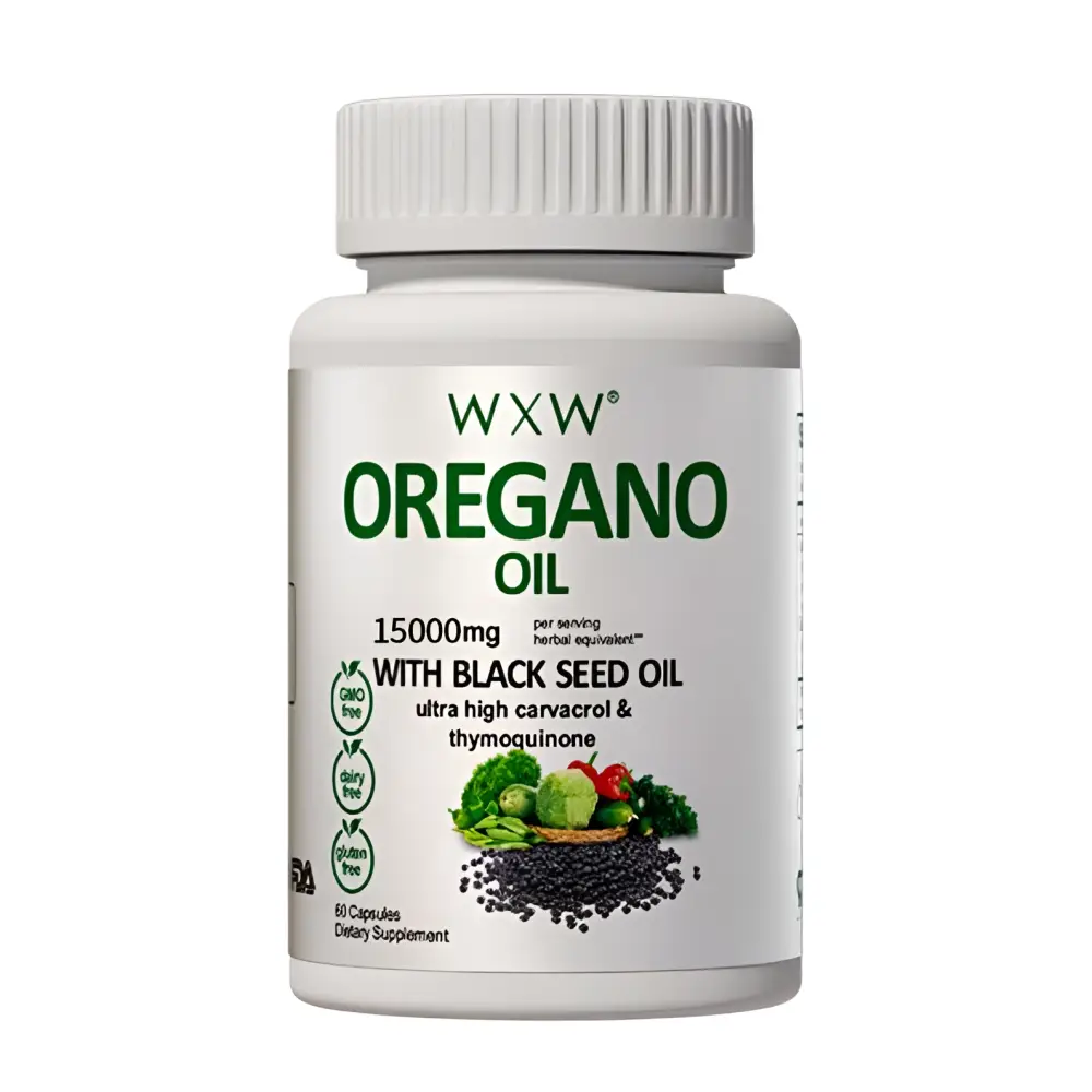 White plastic bottle of wxx black seed oil capsules with ribbed white cap and green label for dietary supplement use