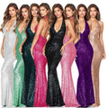 Black sequined deep v halter backless dress with mermaid silhouette in vibrant silver green pink black and purple colors