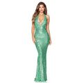 Emerald green sequined halter backless dress with deep v halter and mermaid silhouette for elegant occasions