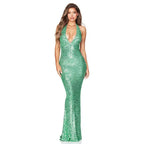 Emerald green sequined halter backless dress with deep v halter and mermaid silhouette for elegant occasions