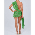 Vibrant emerald green sequined one-shoulder mini dress with an open back in black sequined elegant style