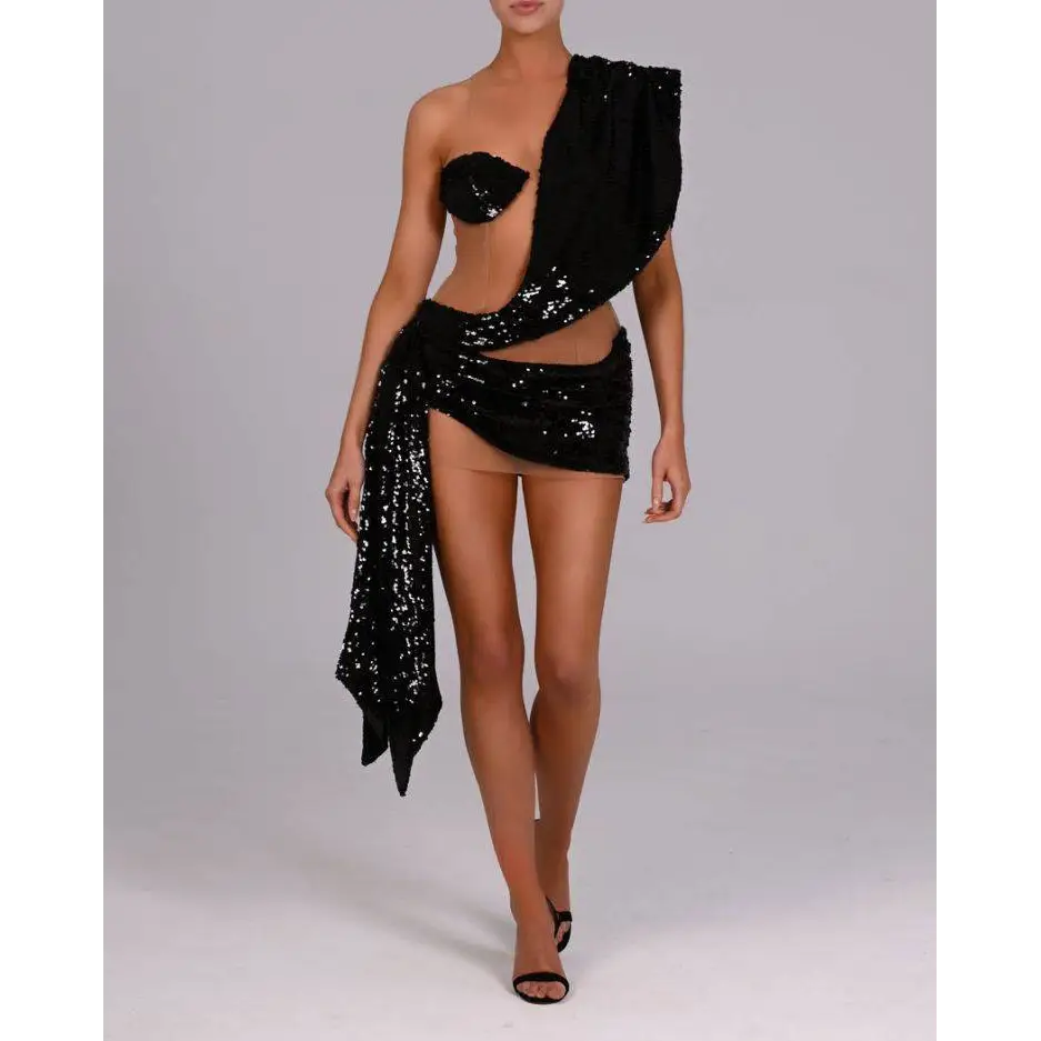 Black sequined elegant one-shoulder mini dress with draped asymmetrical design for formal occasions