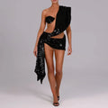 Black sequined elegant one-shoulder mini dress with draped asymmetrical design perfect for evening events