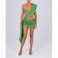 A vibrant emerald green sequined one-shoulder mini dress with asymmetrical draping in a black sequined elegant style