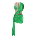 Vibrant emerald green one-shoulder mini dress with sheer mesh bodice and black sequined elegant shoulder stitching design
