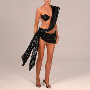 Black sequined elegant one-shoulder mini dress with draped asymmetrical design for sophisticated evening wear
