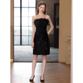 Black sequined feather trim banquet evening dress strapless with feather embellishment at neckline