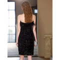 Black sequined feather trim banquet evening dress featuring a strapless design with feather neckline detailing