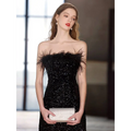 Black sequined feather trim banquet evening dress with strapless design and silver rhinestone clutch accessory