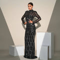Black sequined long sleeve round neck evening dress with intricate silver patterns for banquet evening wear