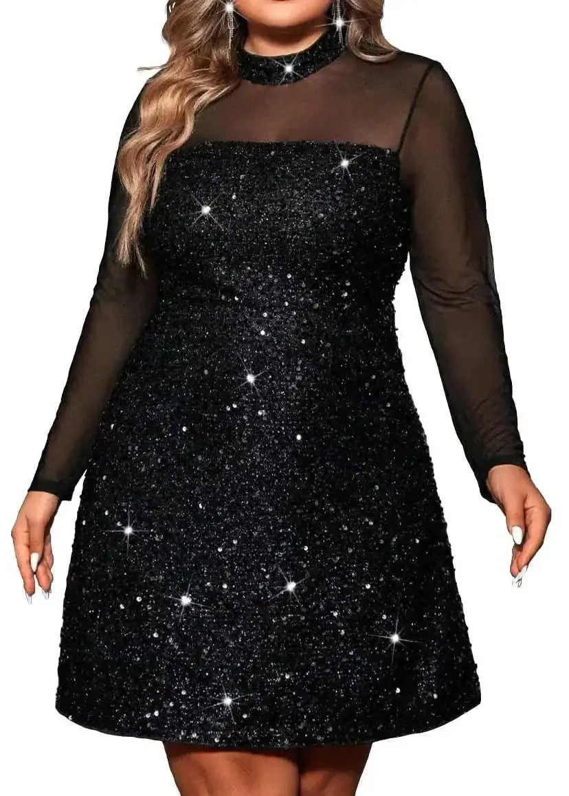 black sequined plus size mini dress for curvy women with sheer long sleeves and a high neckline.