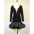 Black sequined v neck banquet ball party dress featuring long sleeves and a flared satin skirt