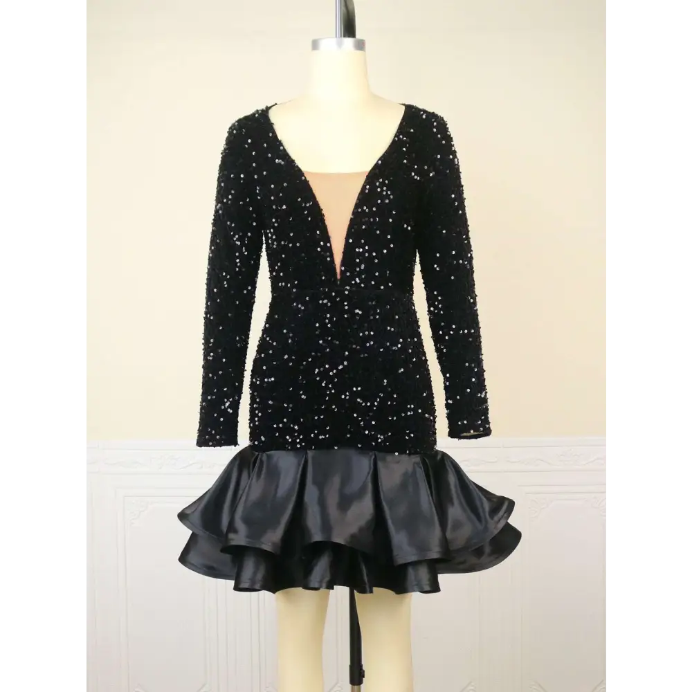 Black sequined v neck banquet ball party dress featuring long sleeves and a flared satin skirt