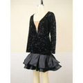 Black sequined v neck banquet ball party dress with long sleeves and satin ruffled skirt for elegant occasions