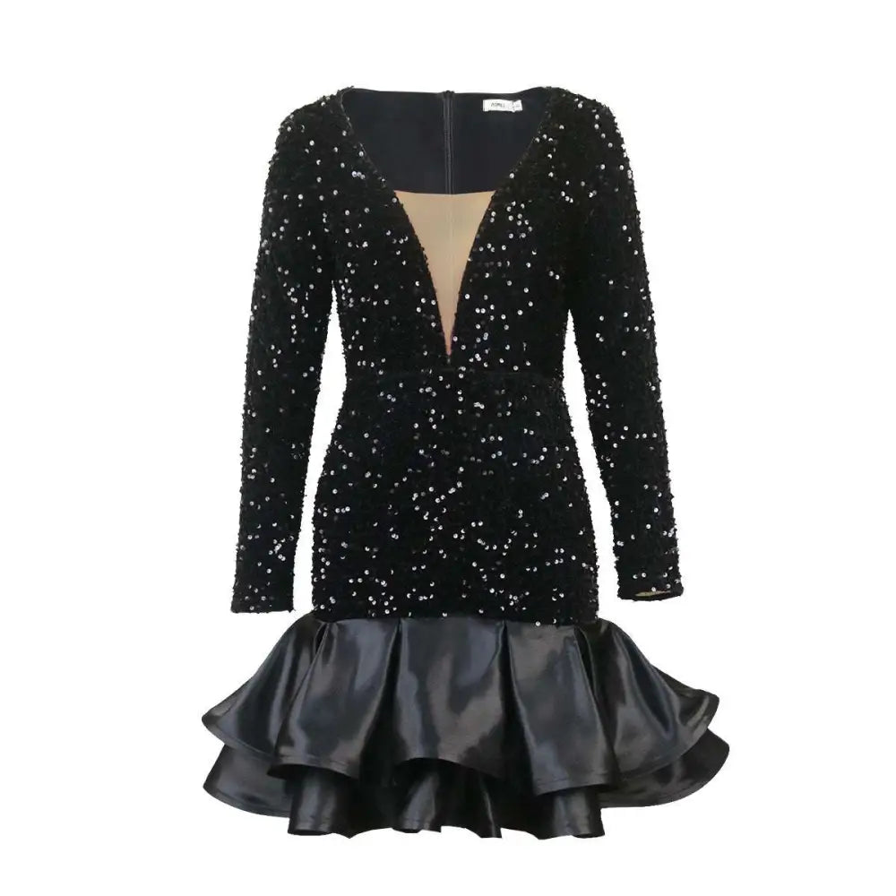 Black sequined long-sleeve banquet ball party dress with plunging v neck and satin ruffled skirt