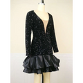 Black sequined v neck banquet ball party dress with long sleeves and ruffled satin skirt for elegant events
