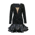 Black sequined long-sleeve banquet ball party dress with plunging v neck and satin ruffled skirt