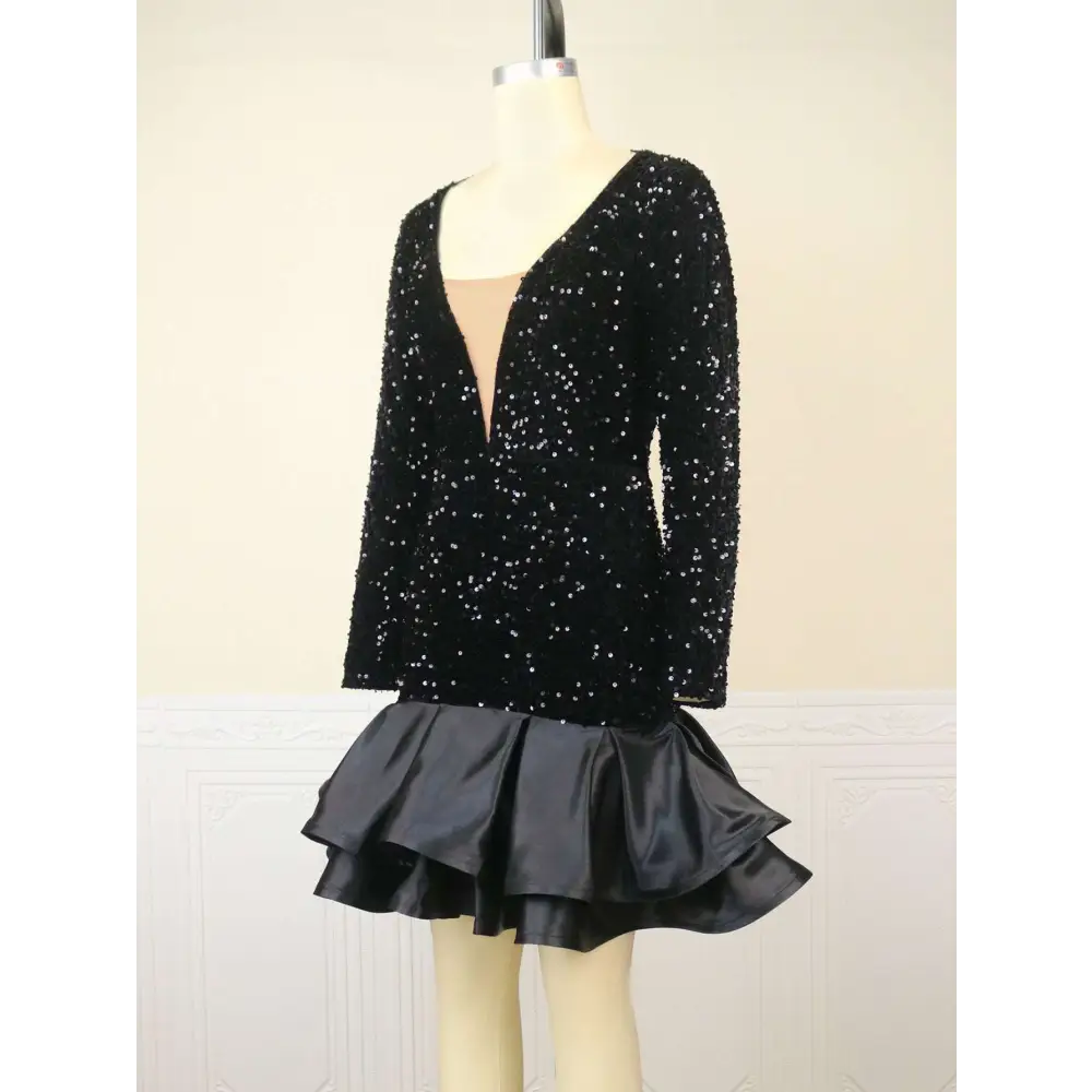 Black sequined v neck banquet ball party dress with long sleeves and a satin ruffled skirt