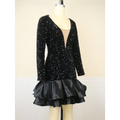 Black sequined v neck banquet ball party dress featuring long sleeves and a ruffled satin mini skirt