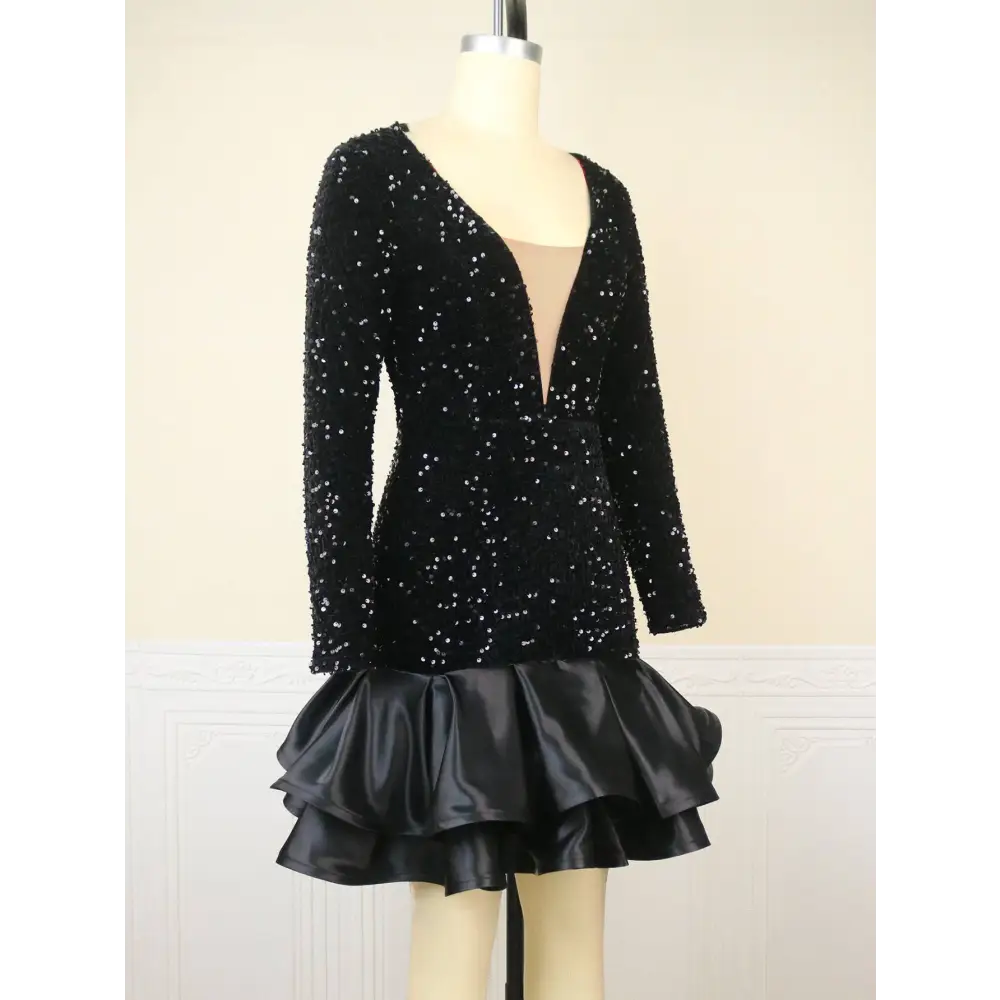 Black sequined v neck banquet ball party dress featuring long sleeves and a ruffled satin mini skirt