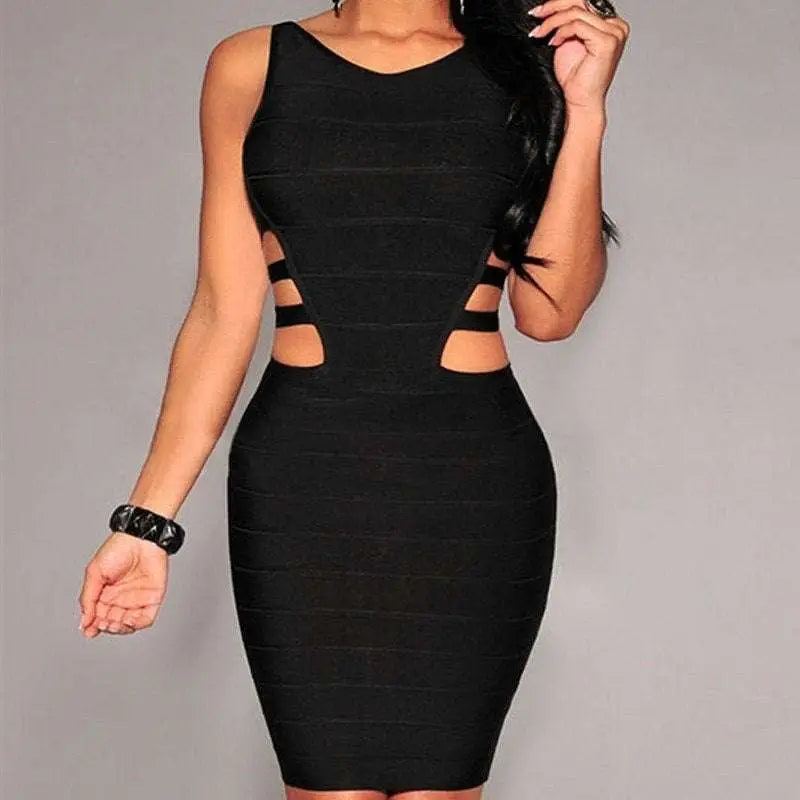 Black sexy sleeveless bodycon dress with horizontal ribbed texture and side cutouts for women in black