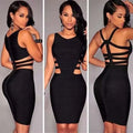 Black sexy sleeveless bodycon dress with cut out straps and ribbed texture fitted silhouette for women